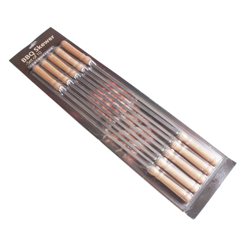 [Fuente de fábrica] aguja de barbacoa de acero inoxidable barbacoa palo de cordero cadena plana mango de madera Tarjeta de succión barbacoa cadena