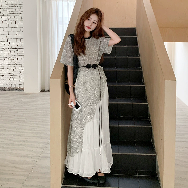 Женский костюм из асимметричной сетчатой блузки французского дизайна, лето 2025, многослойная юбка, свободный комплект из двух предметов