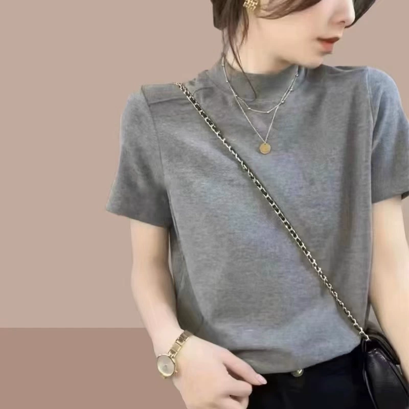 Футболка с короткими рукавами из хлопка с полувысоким воротником Женская весна и лето 2024 новая свободная тонкая нижняя рубашка повседневная дикая блузка
