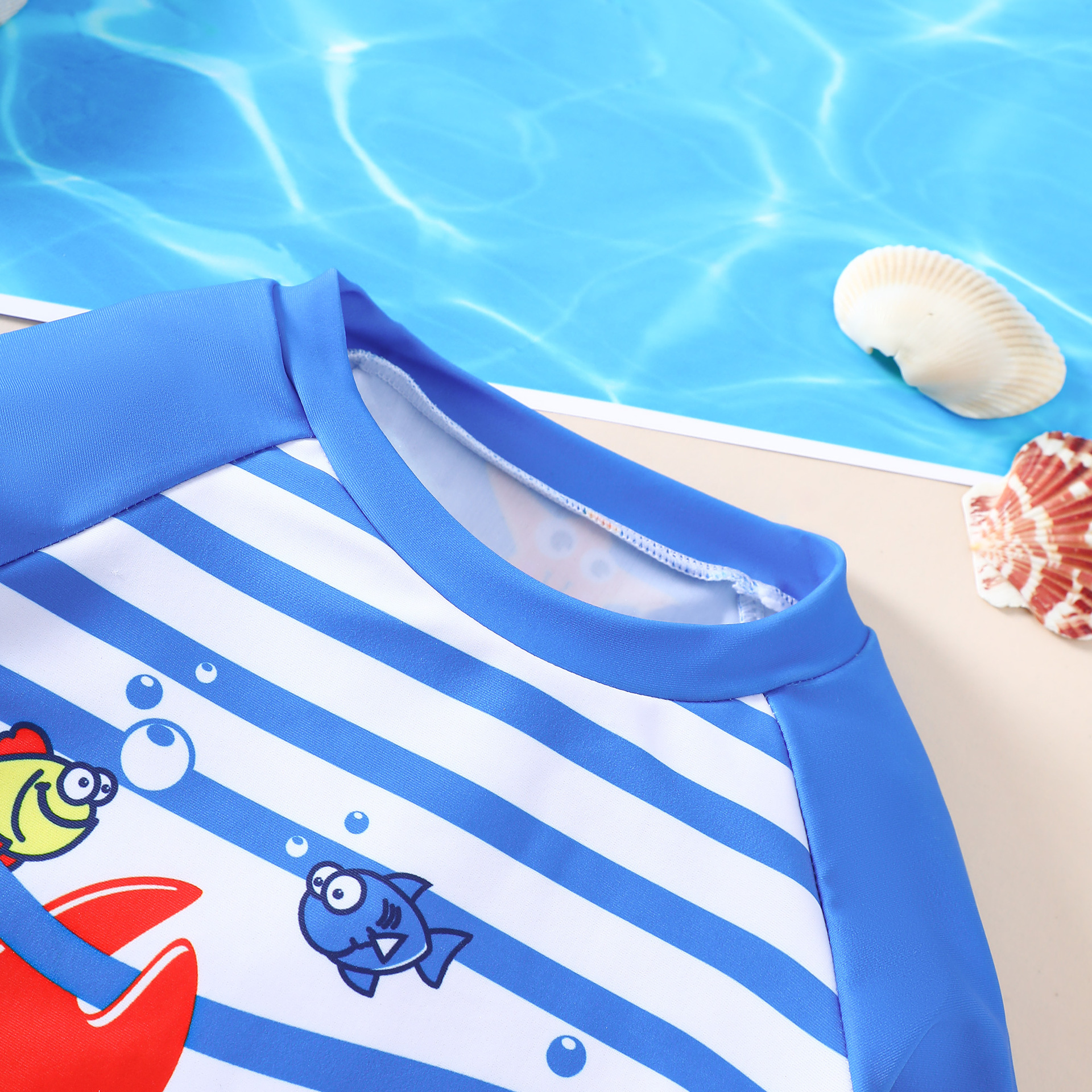 Niños trajes de baño a rayas mangas de hombro dibujos animados cangrejo manga larga impresión completa hipocaballo estrella de mar pantalones cortos trajes de baño