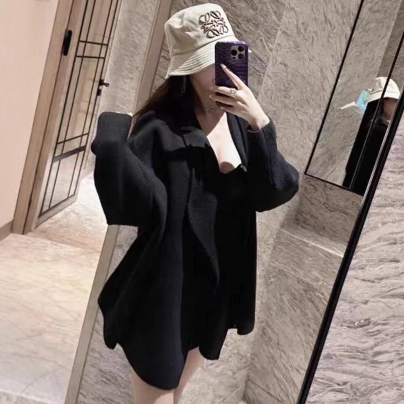 韩系大翻领时尚气质针织开衫女秋冬新款中长款宽松毛衣外套女|undefined