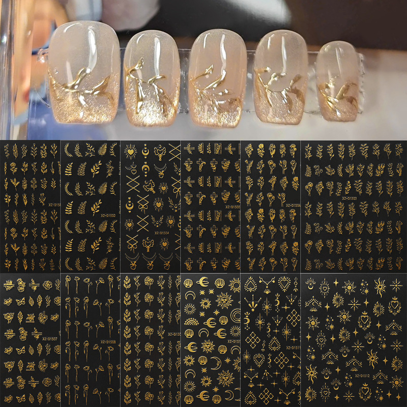 12 Pieces of Hot Stamping Plant Nail Art Sticker Set with Adhesive Backing Self-Adhesive Nail Stickers Gold, Silver, Black and White Set Nail Art Stickers