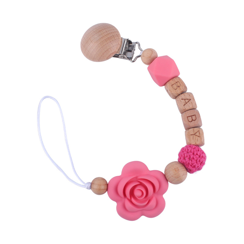 Nuevos suministros para bebés Beech chupete clip calmante bebé DIY Nombre de dibujos animados Rosa chupete cadena anti-gota cadena
