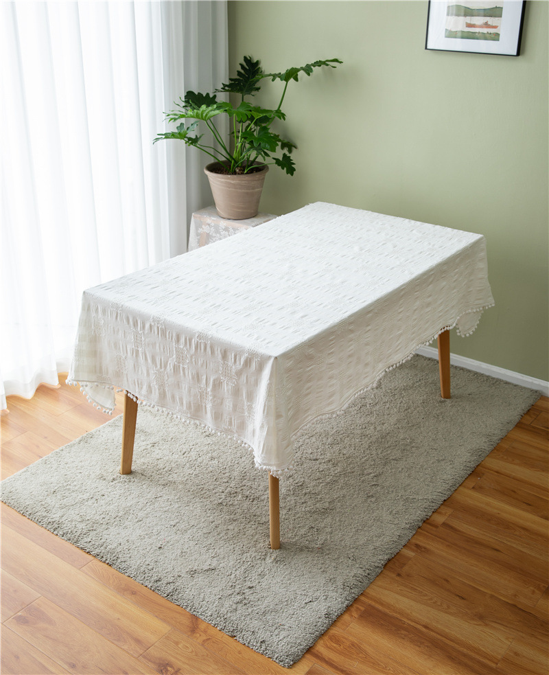 French Romantic Cotton Cut Flower White Pom-Pom Tablecloth Rectangular Coffee Dining Cloth Table Cover_voghion.com