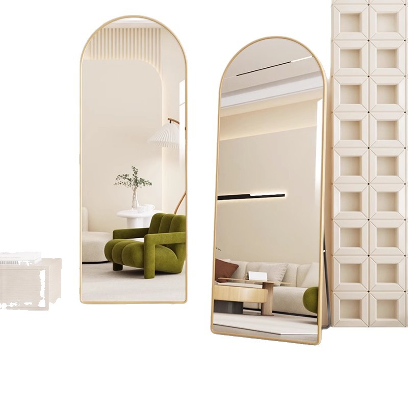 Espejo de cuerpo entero de alta sensación espejo de piso dormitorio doméstico móvil tienda de ropa real arco casero viento crema
