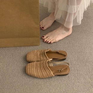 Thick Heel Shallow Mouth Straw Toe Hollow Sandals Women's Shoes 2025 Summer New Flat-Soled One-Strap Sandals