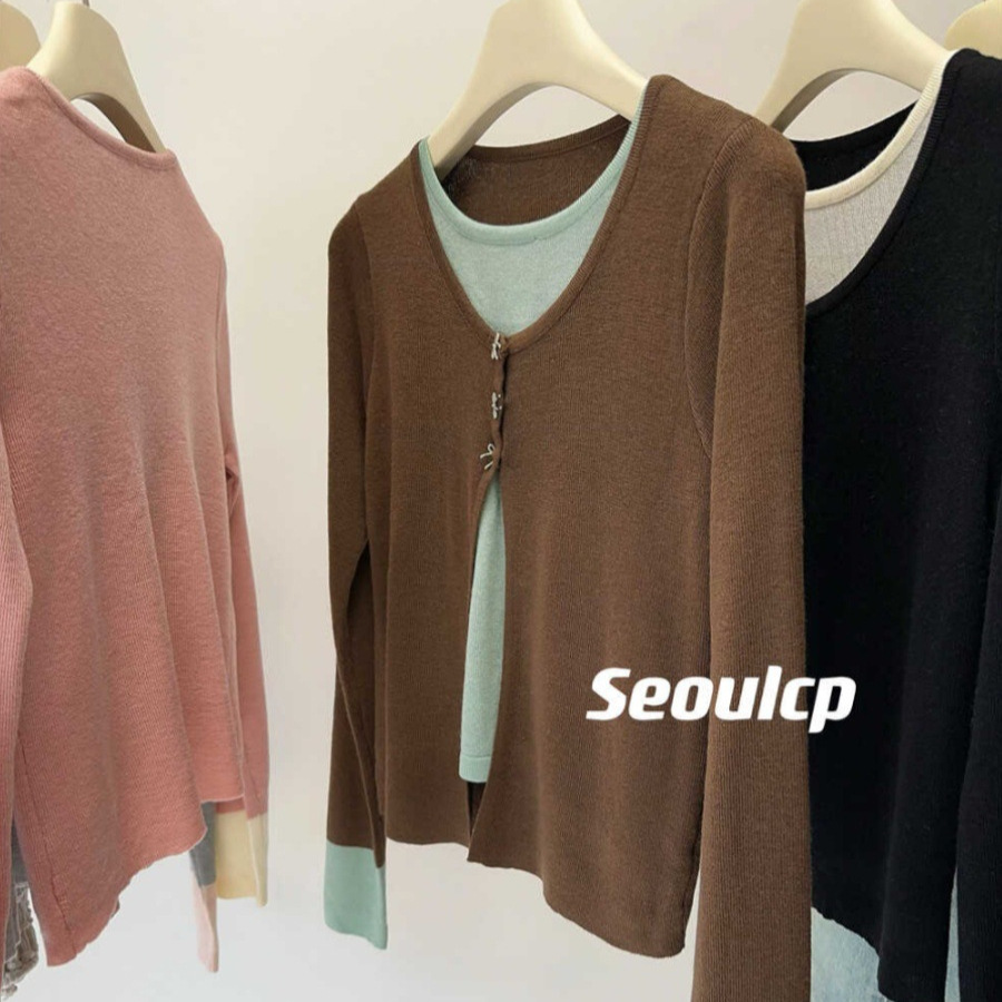 Fake Two-piece Gentle Wind Contrast Color Stitching Long-sleeved Knit Sweater Women's 2025 Early Spring and Autumn New Design Sense Slim Top