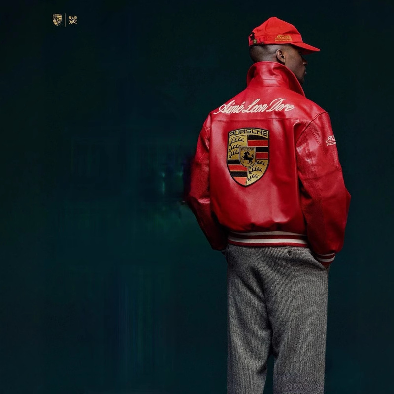 Porsche Racing Jacket Co-Branded with James Car Motorcycle Heavy Micro-Badge Embroidered Men's and Women's Retro Leather Jacket