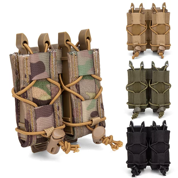 Tiger-Style 9mm Dual Magazine Pouch Outdoor Quick-Release Magazine Pouch Molle Mount Tool Bag Elastic Storage Flashlight Pouch