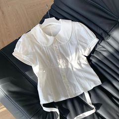 法式甜色系带娃娃领衬衫女夏季纯棉短袖衬衣修身收腰短款上衣
