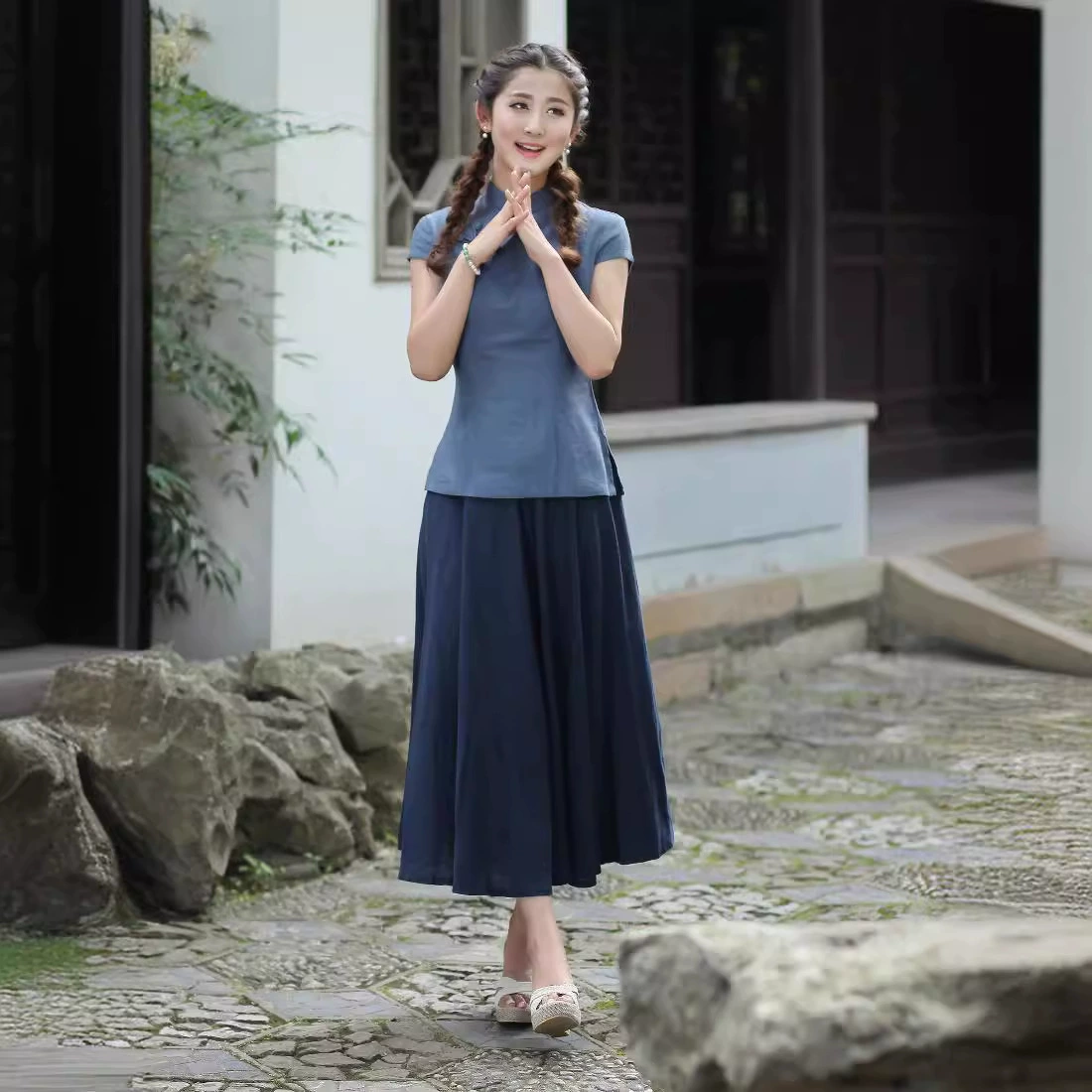 Новый хлопок и лен короткий рукав Cheongsam пальто Национальный стиль 2518 комбинезоны