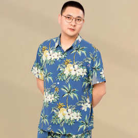 夏季男士衬衫薄款印花滩裤服翻领新款上衣百搭居家短袖衬衣宽松型