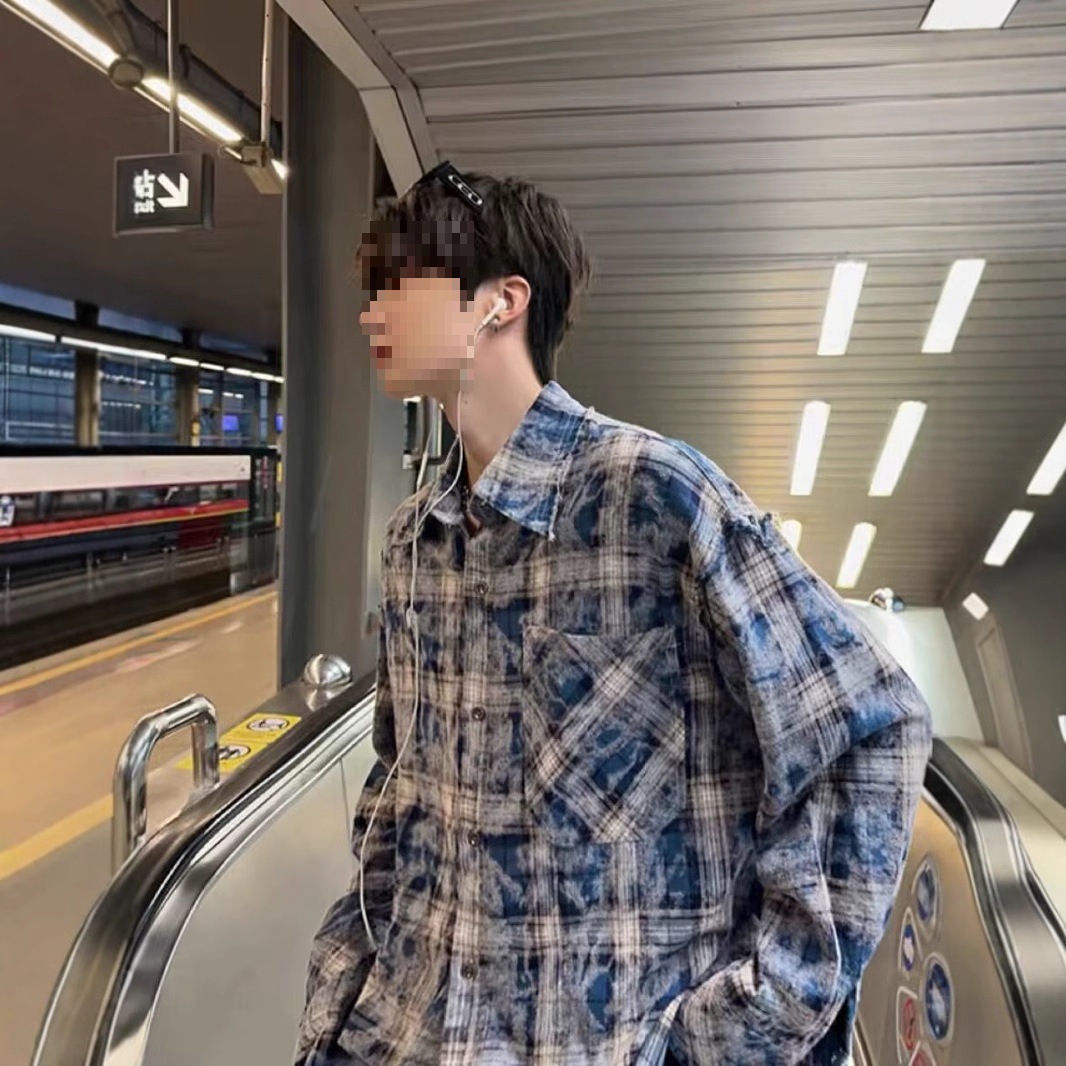 American Street Plaid Tie-Dye Shirt Jacket Men's Spring New Loose Tassel Raw Edge Distressed Plaid Shirt Trendy