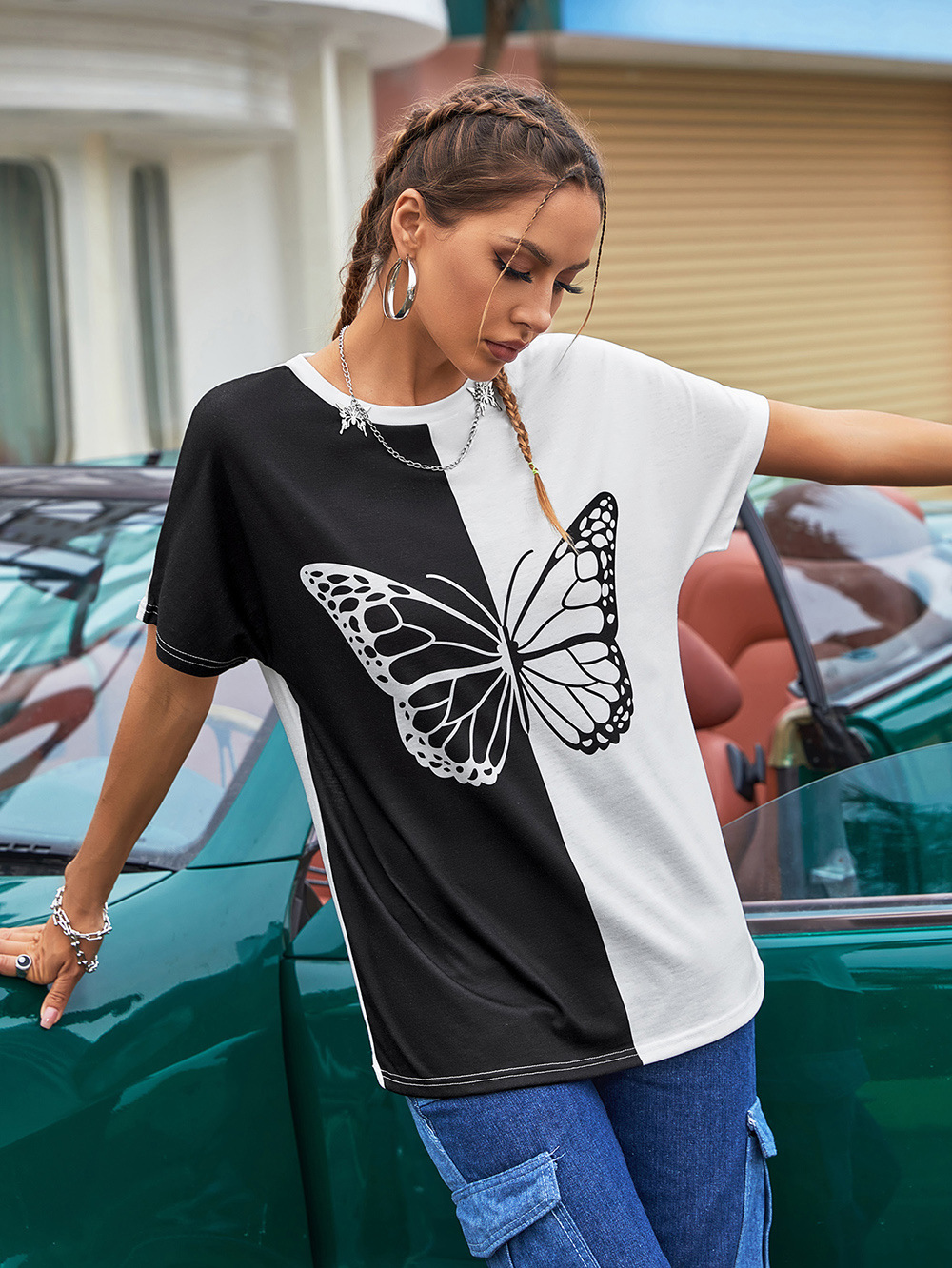 Fashion Women's T-shirt Casual Black And White Butterfly Print Top Loose Short Sleeve Harajuku T-shirts Basic O Neck Tops New summer crop top