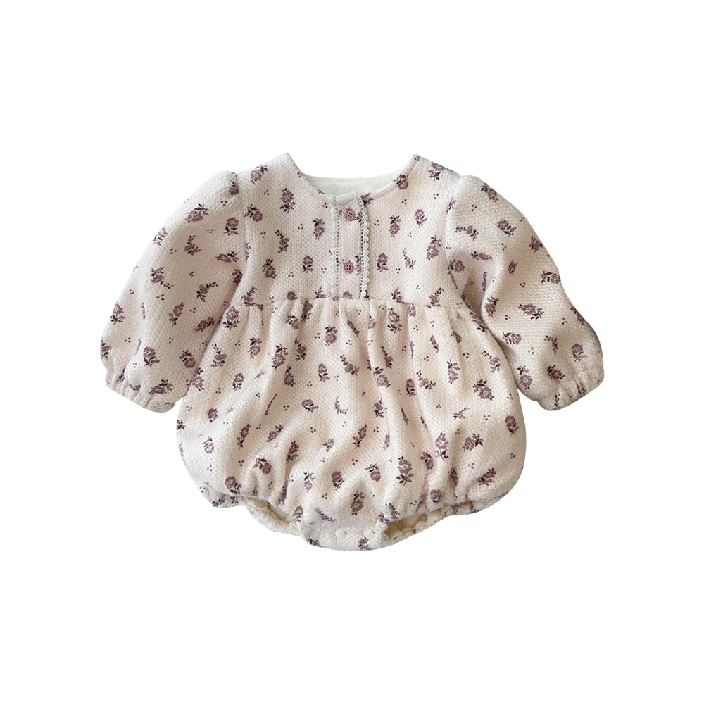 Ropa de bebé, modelos de otoño e invierno, mameluco triangular de manga larga, mono floral dulce, bebé femenino de estilo occidental más abrigo de terciopelo