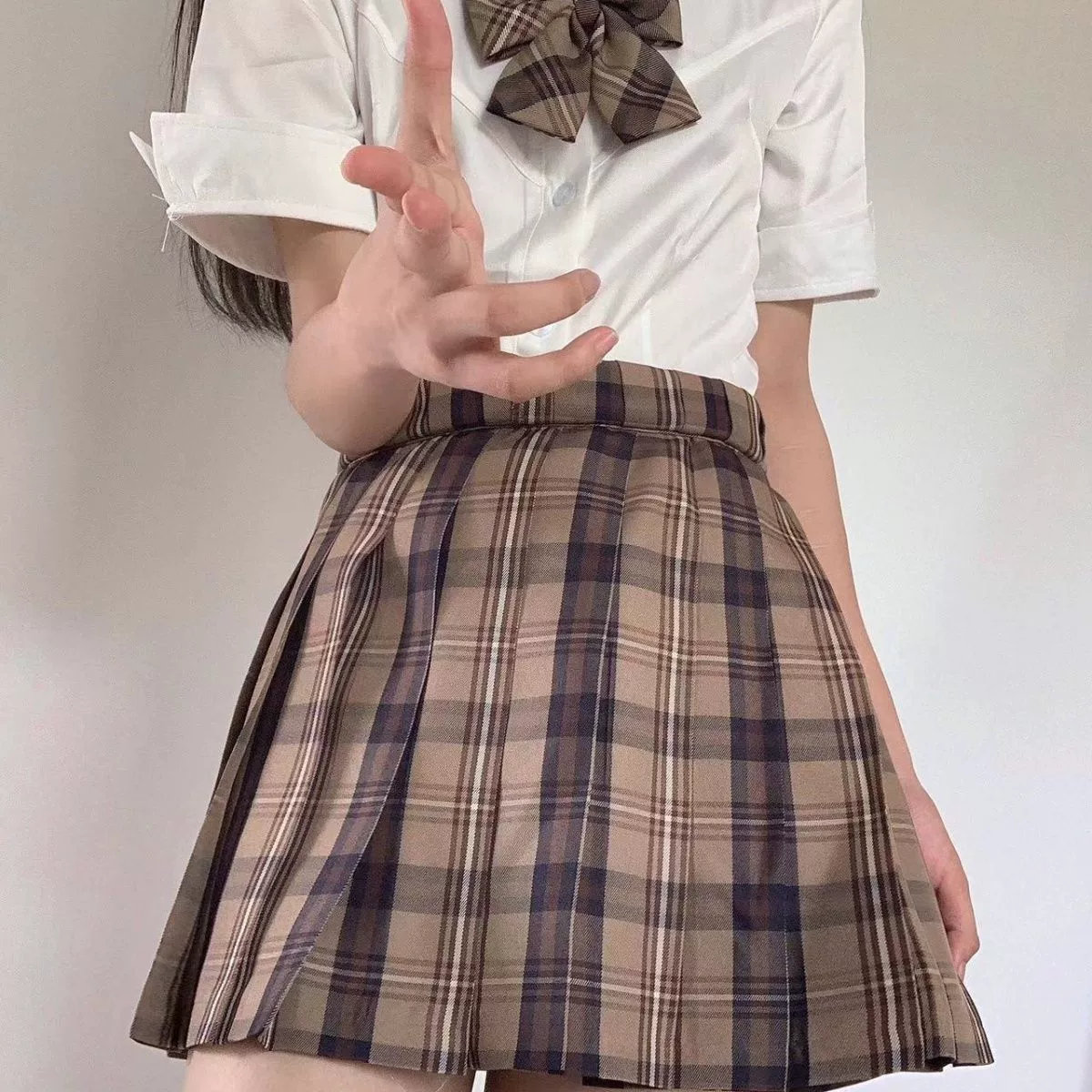 Brown student pleated skirt, plus size