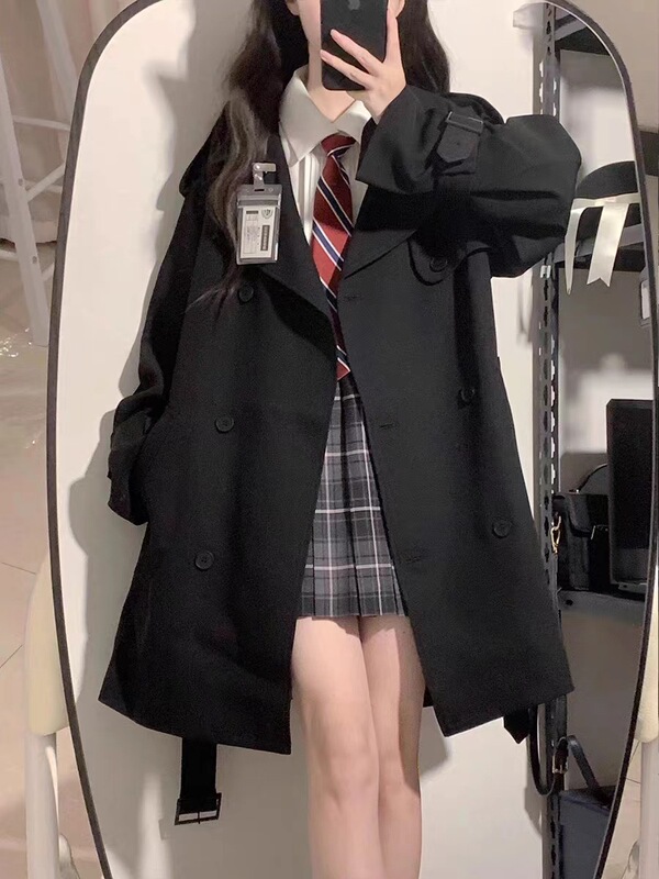 大码胖妹妹风衣女秋新款宽松高级感黑色英伦风中长款大衣外套|undefined
