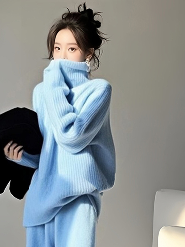 多巴胺蓝色简约宽松高领毛衣女2025新款早秋季韩系慵懒高级感上衣|undefined