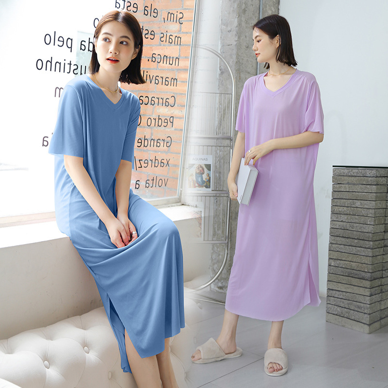 Vestido de estilo japonés de verano suéter largo de seda de hielo dividido con cuello en V manga corta suelta
