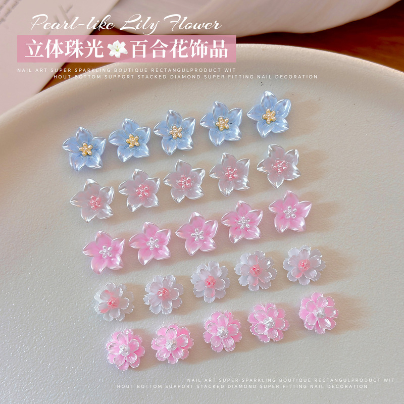 Pearlescent Lily Flower Hibiscus Flower Nail Art Accessories Summer New Gradient Resin Flower Ins Versatile Nail Decoration