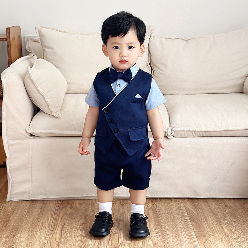 Boys' Summer Suit British Gentleman Style Vest Children's Set Birthday Outfit Short-Sleeve Shorts Summer Clearance Cross-Border