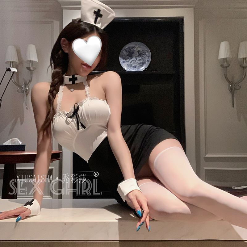 Nurse Role Play Lingerie Set with Headpiece, Mini Skirt, Wrist Bands and Thong — detail image 8