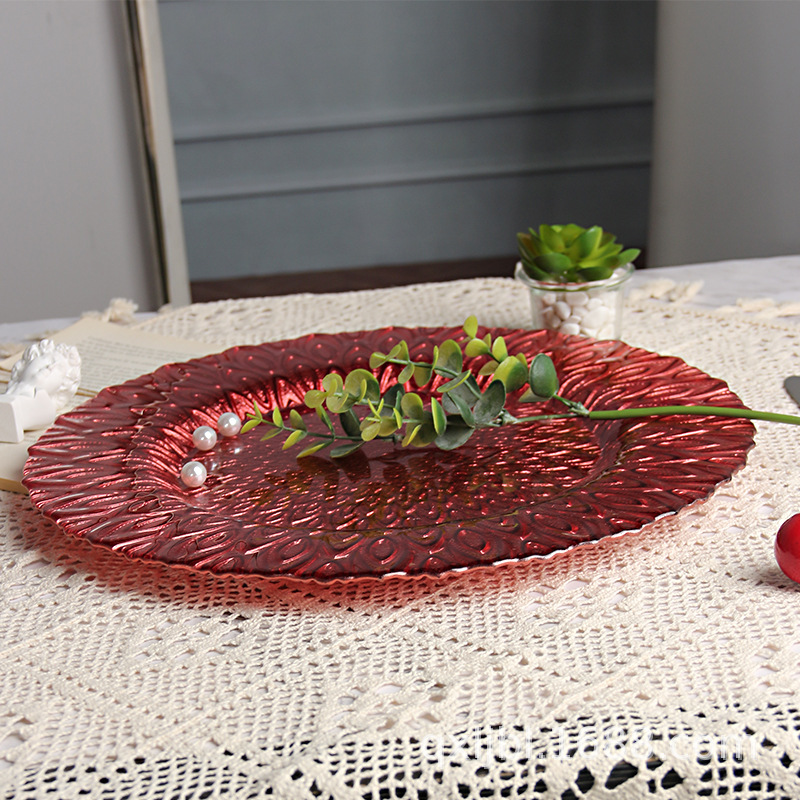 Patrón de pavo real de estilo europeo comida occidental gran placa plana Placa de filete de vidrio placa redonda Placa de banquete placa superficial al por mayor