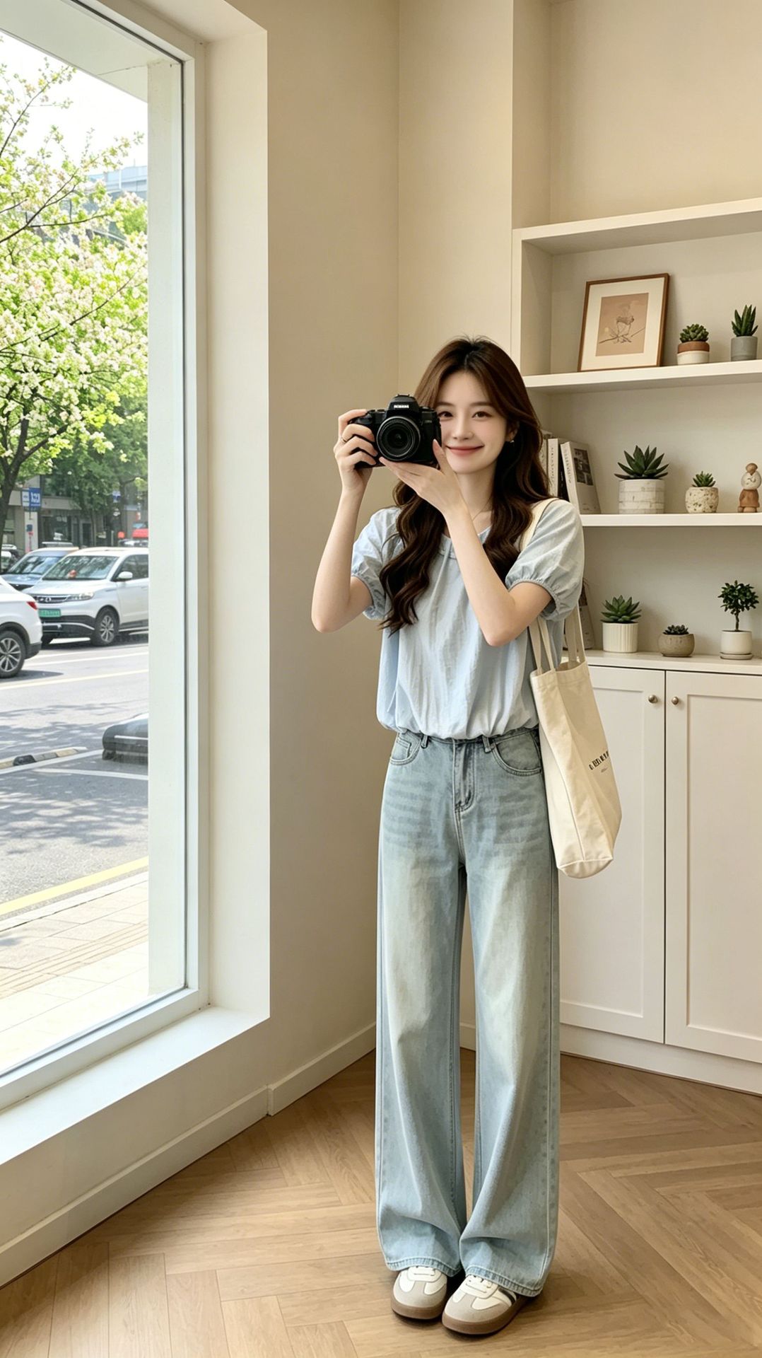 Áo thun nữ tay ngắn cổ tròn chất liệu chiffon phối cườm tay bồng — màu xanh nhạt chi tiết 3