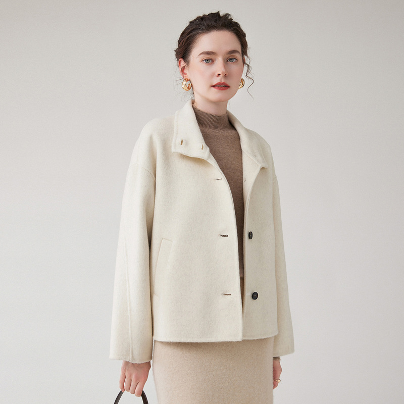 Women's New Autumn and Winter 100% Pure Wool Double-Sided Woolen Coat with Lapel, Solid Color, Short Style with Pockets, Trendy Women's New Autumn and Winter 100% Pure Wool Double-Sided Woolen Coat with Lapel, Solid Color, Short Style with Pockets, Trendy