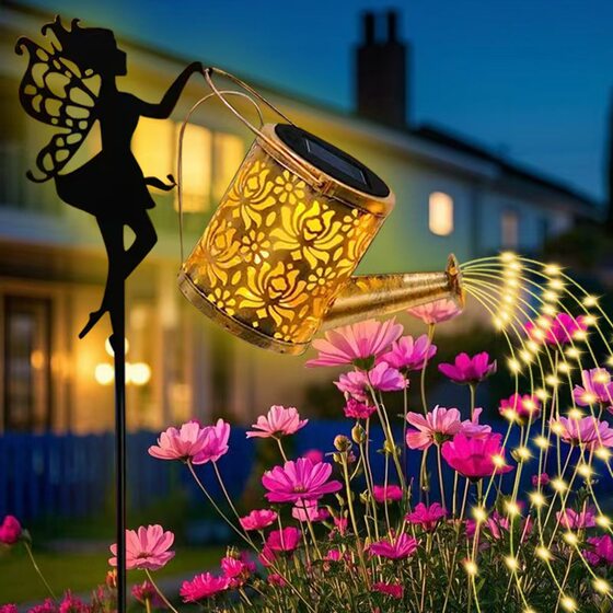 Solar Angel Kettle Lamp Iron Hollow Projection Lamp Outdoor Courtyard Garden Lawn Landscape Floor Insert Decorative Lamp