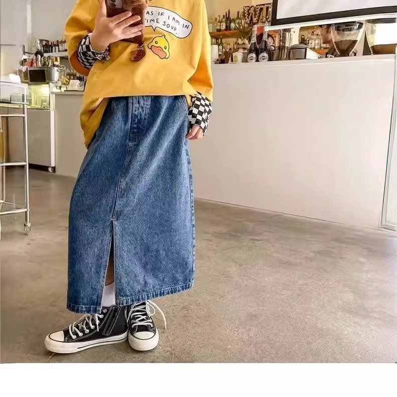 Nuevos productos de cuatro estaciones de falda infantil, falda de niña, ropa infantil, falda de vaqueros, falda larga de rodilla para niños. image 3
