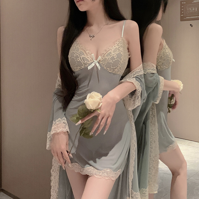 Pure Lust Style Nightgown Set 2025 New Pajamas Sexy Lace Cut Out French Suspender Nightgown Backless Home Clothes