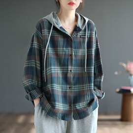 磨毛长袖衬衫女2022秋冬单排扣格纹休闲文艺慵懒大码休闲连帽衬衣