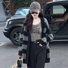 DY801慵懒软糯复古撞色条纹针织开衫女秋冬2026新款中长款毛衣ins