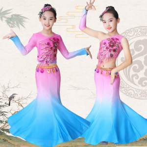 Children's girls pink blue peacock Thailand dai dance Dresses chinese folk dance mermaid dress peacock long  costumes fishtail skirt long sleeve of the girls