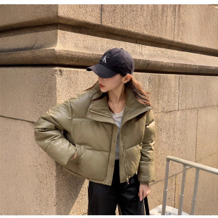 Central Europe and the United States New Wash-free Short Cotton-padded Jacket 2024 Small Vertical Collar Down Cotton-padded Jacket Women's Anti-PU Leather Cotton-padded Jacket Cotton-padded Jacket Straight