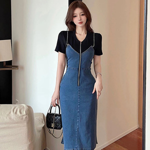 Short sleeved contrasting color fake two-piece denim casual women's hip wrapped dress