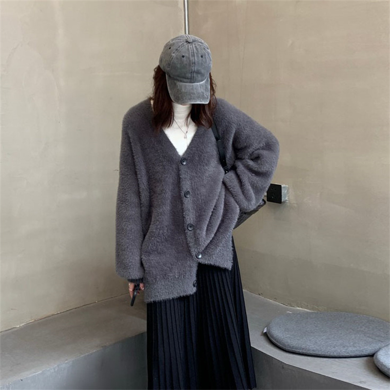跨境热销高克重貂绒感针织开衫女2025秋冬厚款宽松灯笼袖毛衣外套|undefined