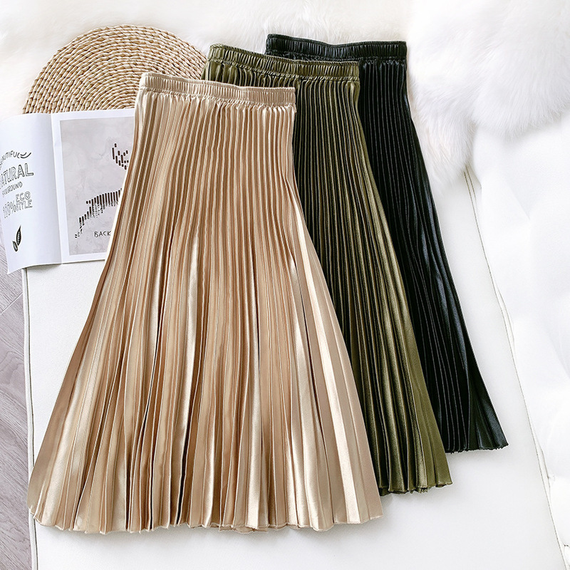 Aliexpress Cross-Border High-Waisted Satin Metallic Pleated Skirt Spring and Summer Women's Retro Mid-Length Slim A-Line Skirt