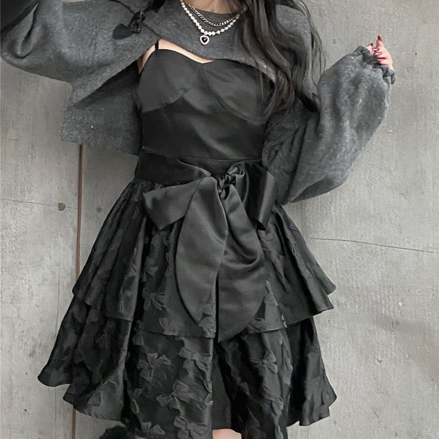 暗色系高冷吊带连衣裙衫罩两件套春秋季小众设计黑色辣妹潮套装女