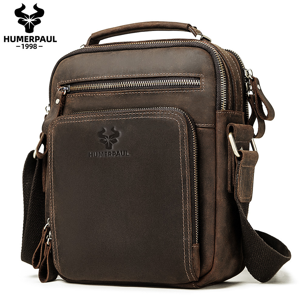 Bolso de hombro Hummer Paul de cuero genuino para hombre, bandolera de cuero Crazy Horse de primera capa, mochila de viaje con textura vintage.