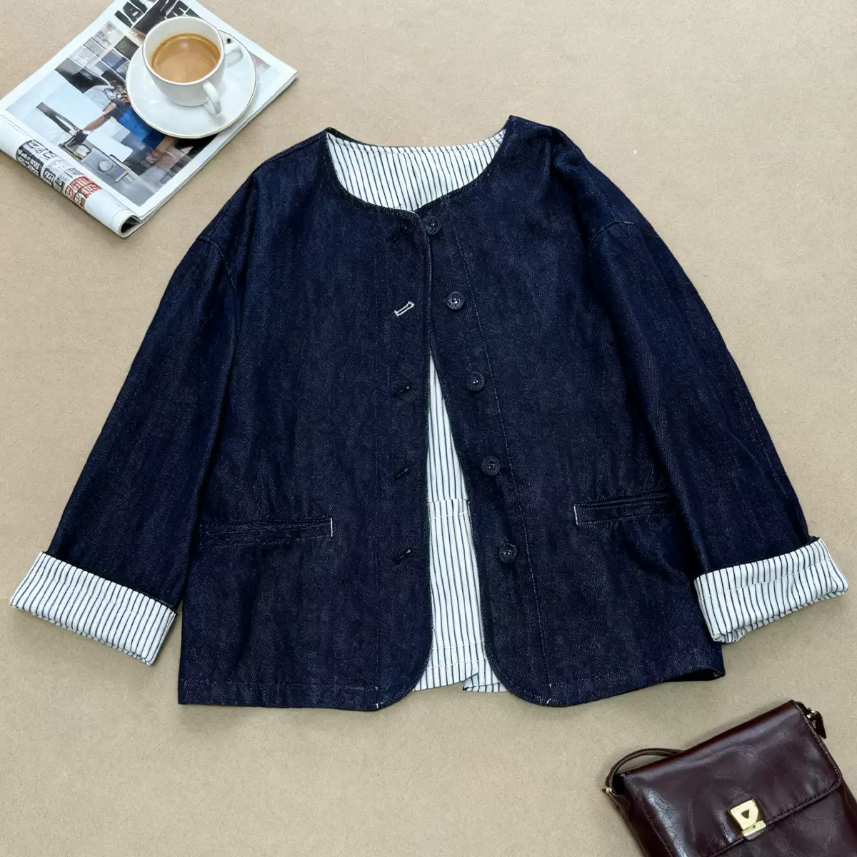 鑫阁两面穿双色短款牛仔外套女春款牛仔服夹克防褪色百搭圆领上衣