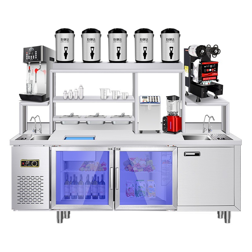 Barra de agua consola de té de leche banco de trabajo de acero inoxidable comercial Gabinete integrado fábrica al por mayor conjunto completo de equipo de tienda de té de leche