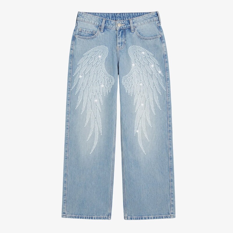 Cross-border European and American TK rhinestone angel wings wide-leg jeans, light wash, loose fit, street style trendy denim pants Cross-border European and American TK rhinestone angel wings wide-leg jeans, light wash, loose fit, street style trendy denim pants