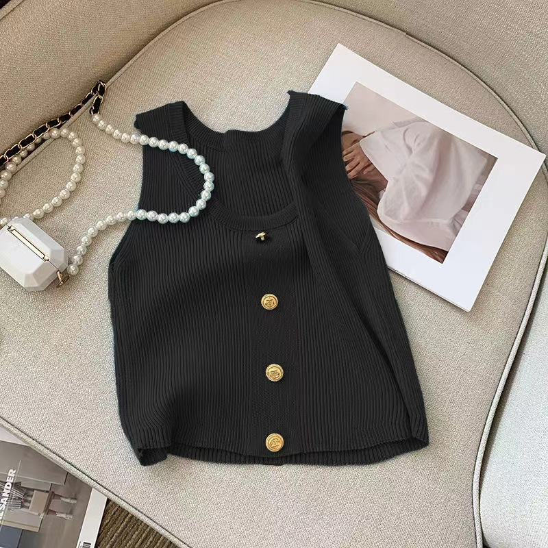 Las niñas de verano nuevo oro hebilla de punto camisola estilo coreano cuello redondo sin mangas de moda océano corto punto chaleco moda