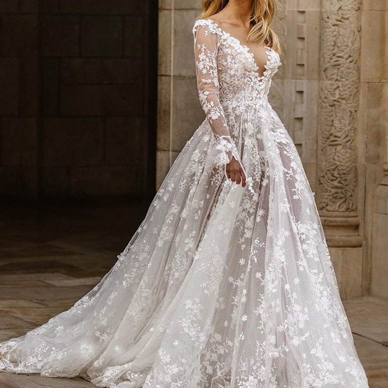 Vestidos de Novia de Exportación Europeos y Americanos 2025 en Existencia, Vestido de Noche Largo con Encaje Sexy de Manga Larga de Amazon