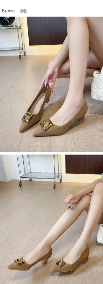 Giày cao gót nữ mũi vuông gót thô khóa kim loại, chất liệu len cashmere cao cấp, gót 3–6 cm — Màu nâu, màu đen chi tiết 6