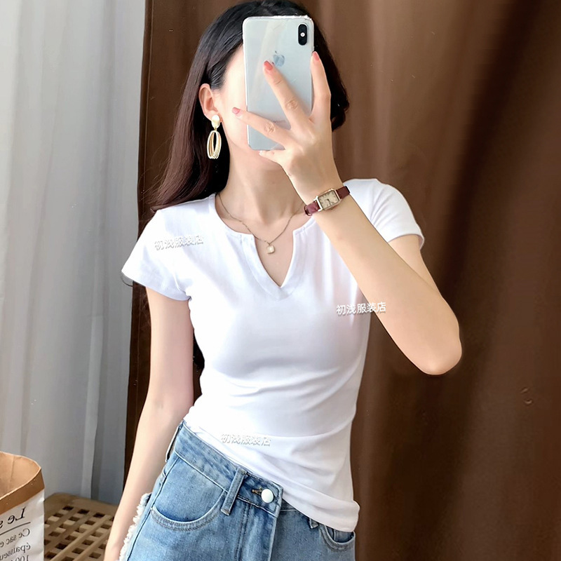 White Cotton Short-sleeved T-shirt Women's Peach Collar 2023 Summer New Simple Inner Slim-fit Top Design Sense