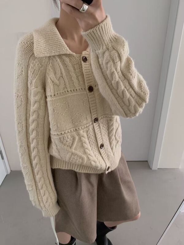 韩系复古翻领麻花针织开衫女装2025秋冬新款软糯宽松慵懒毛衣外套|undefined