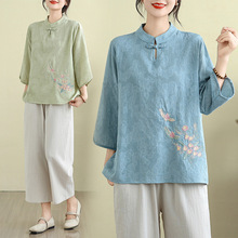 新中式复古棉麻刺绣立领衬衫女宽松七分袖衬衣2025秋款盘扣上衣女